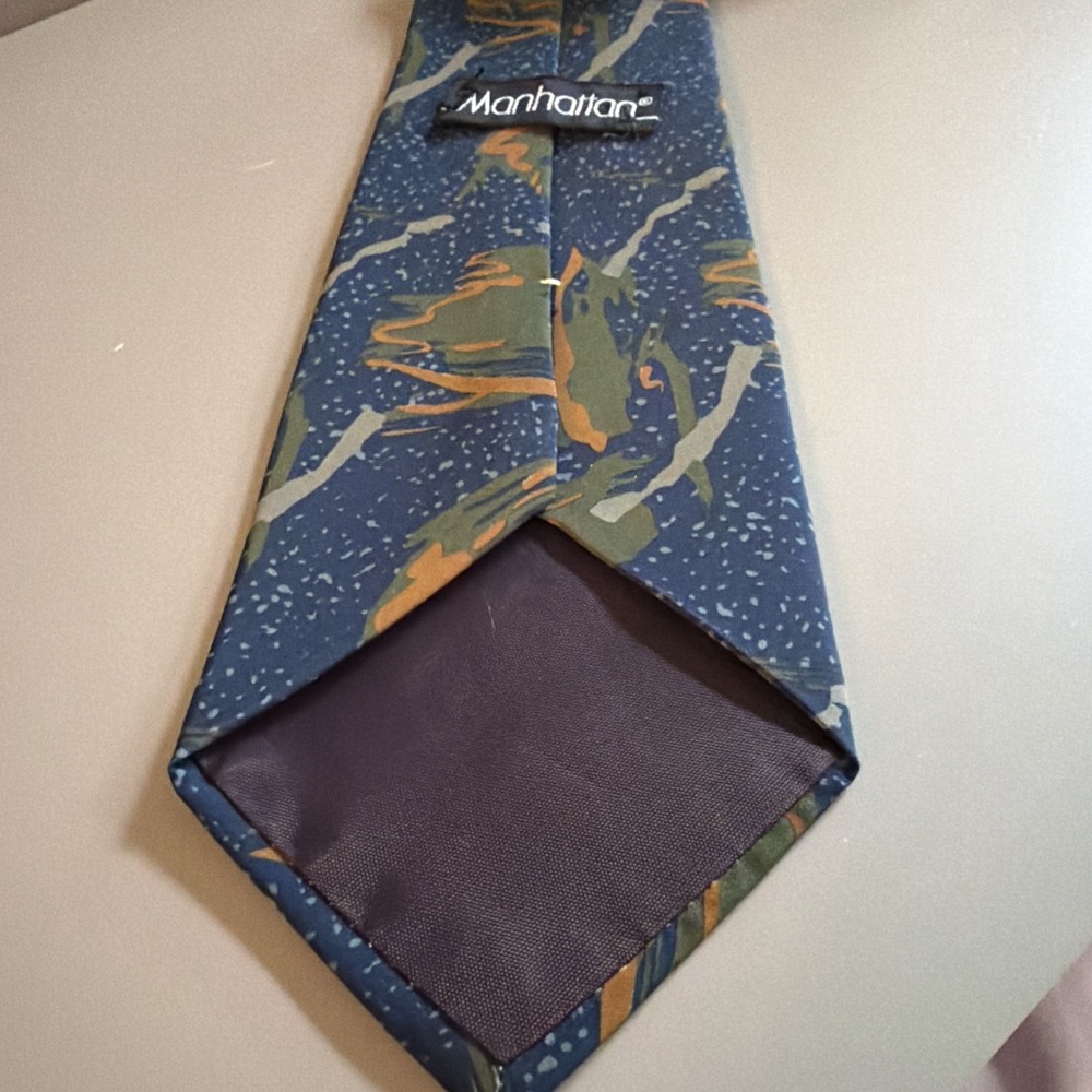 Vintage 1980s Manhattan Men's Neck Tie Abstract Swirl Blue Olive Green Yellow - Picture 3 of 6